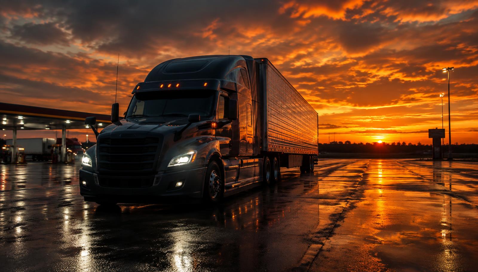 Solid Trans semi truck at a truck stop at sunset